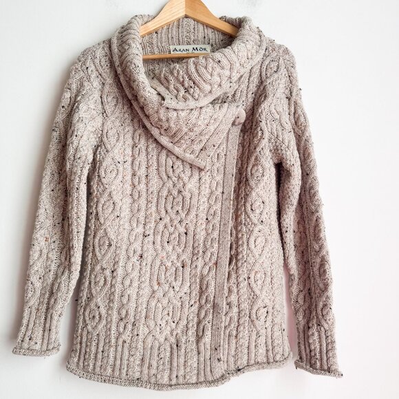Aran Mor Oatmeal Beige Asymmetrical Wrap Merino Wool Cardigan M - Picture 2 of 9